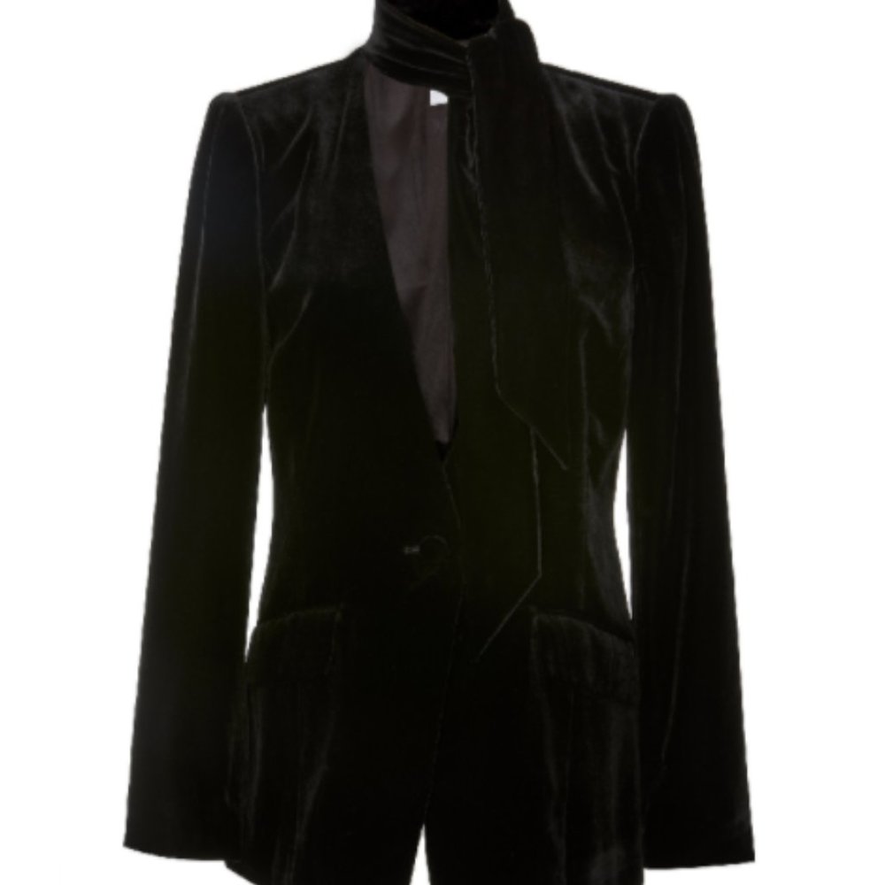NWOT FRAME Tie Neck Silk Blend Black Velvet Blazer